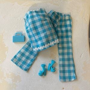 Vtg Handmade Barbie Doll Blue Gingham Pant Set Outfit & Accessories